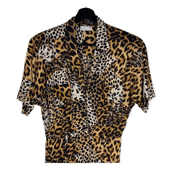 Vintage 80s Scarlett Animal Print Short Sleeve Button Up Dress Medium - Picture 2 of 15